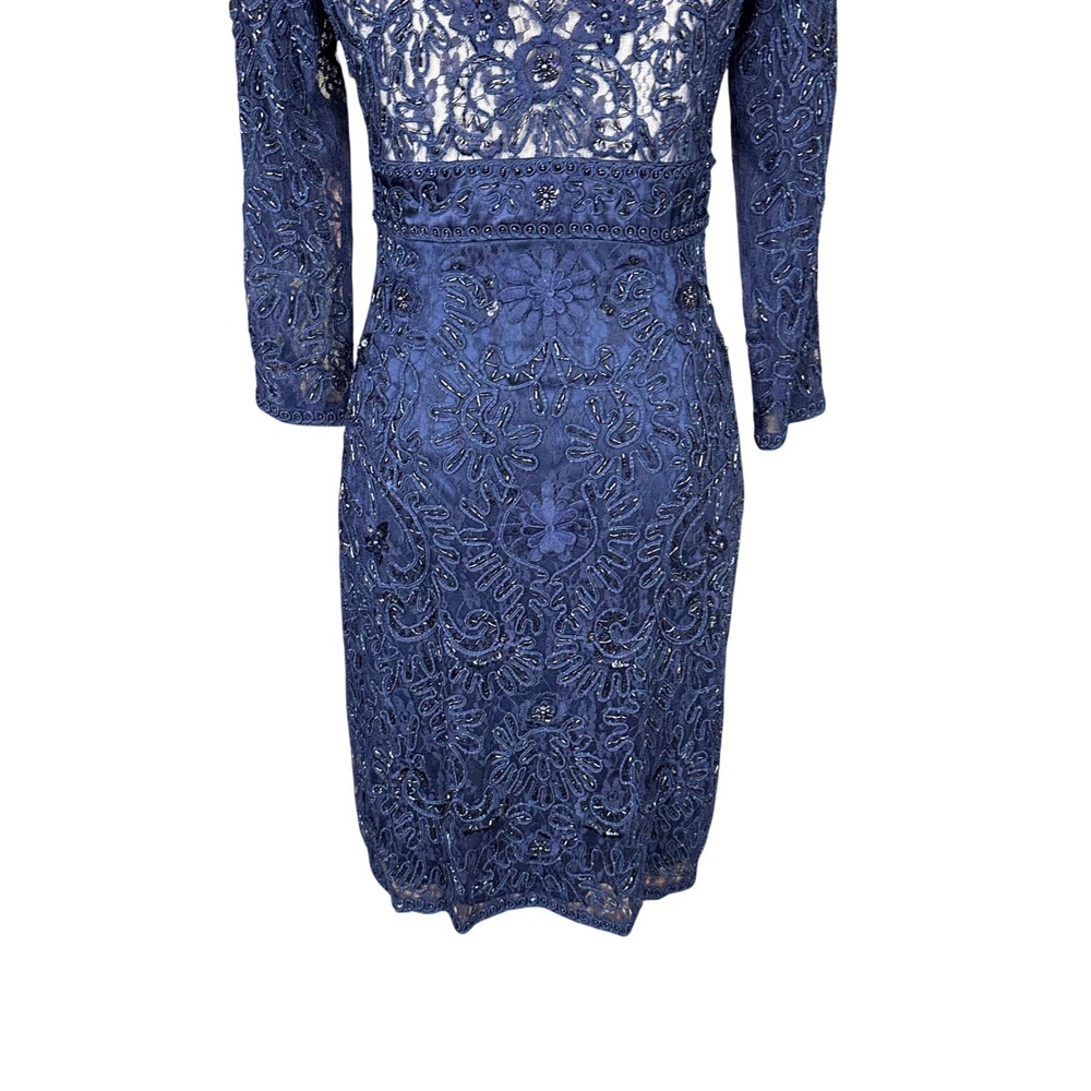 Sue Wong Navy Blue Beaded Lace Cocktail Dress V-Neck 3/4 Sleeve Formal Gown - Picture 11 of 16